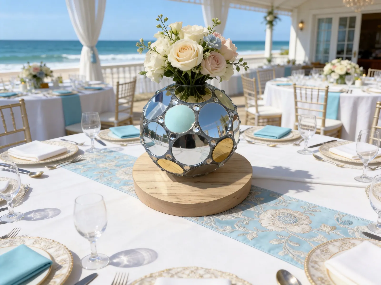 A small mirrored MirrorSphyr centerpiece on a wooden riser at a white wedding reception table with flowers