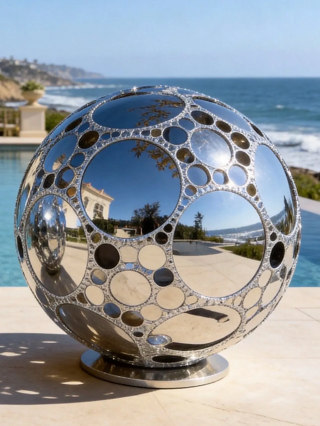 Close view of the MirrorSphyr's mirrored circular panels and rhinestone seams reflecting a coastal villa